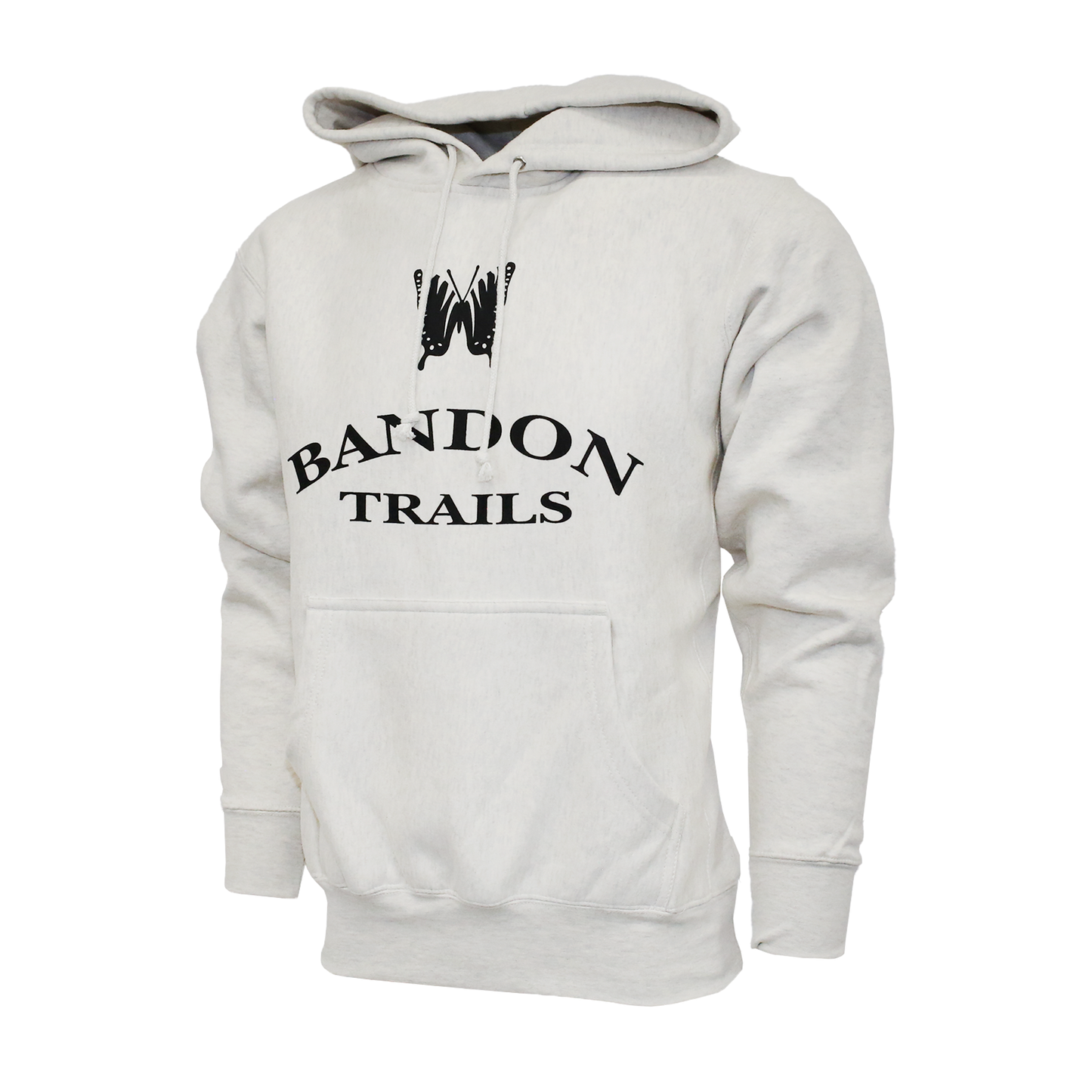 Oatmeal hoodie with the Bandon Trails logo on the chest in black.