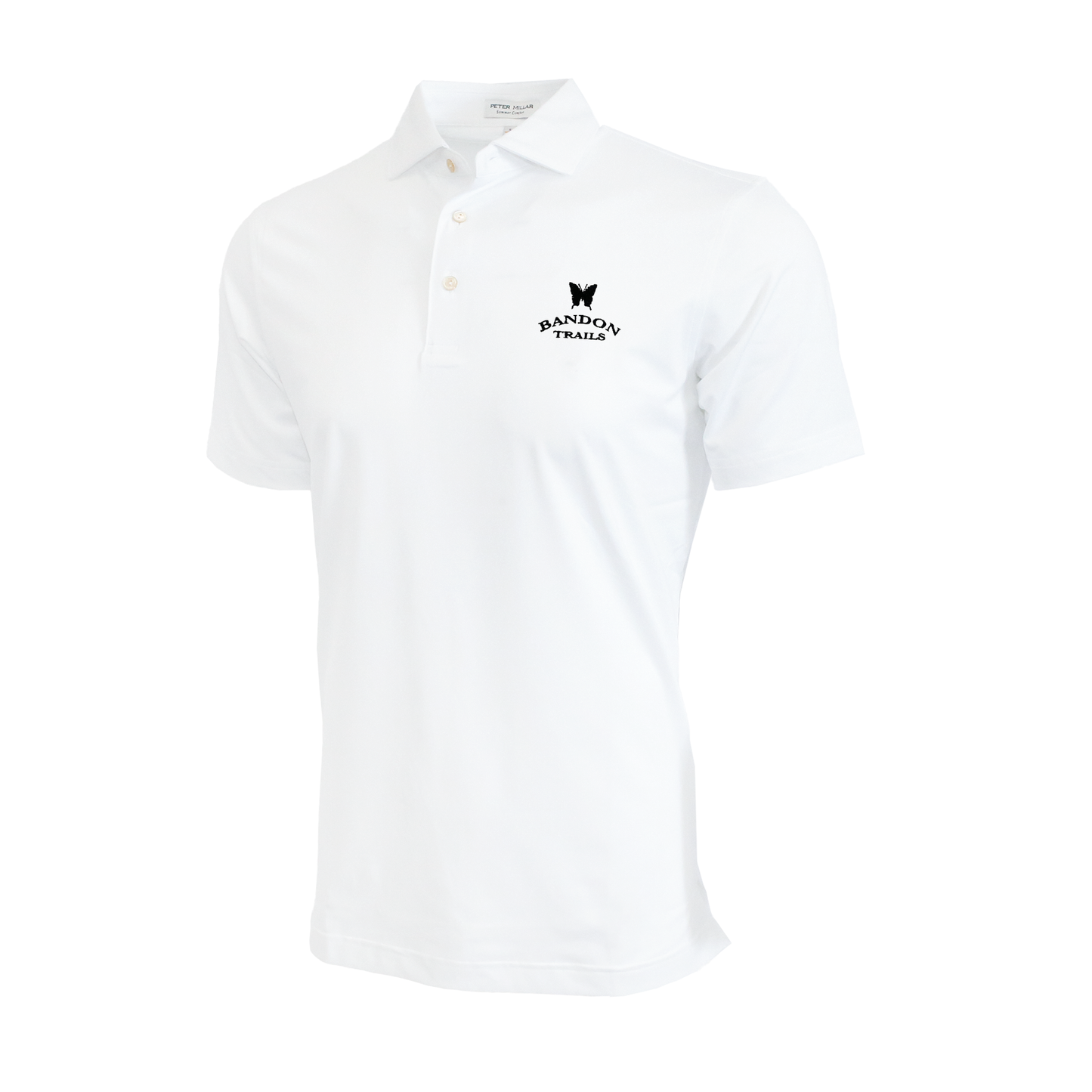 White short sleeve polo with Bandon Trails logo