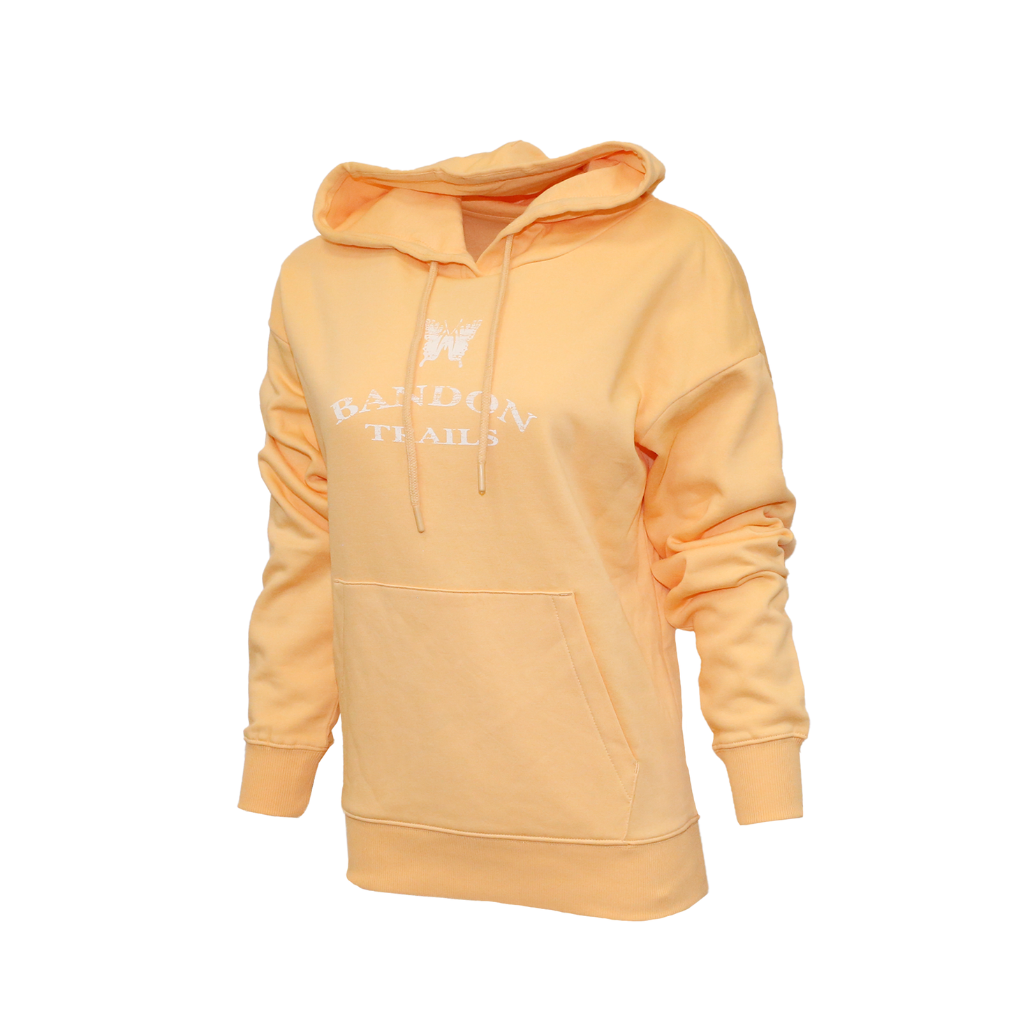 Apricot women's fleece hooded sweatshirt featuring: Bandon Trails logo on the front.