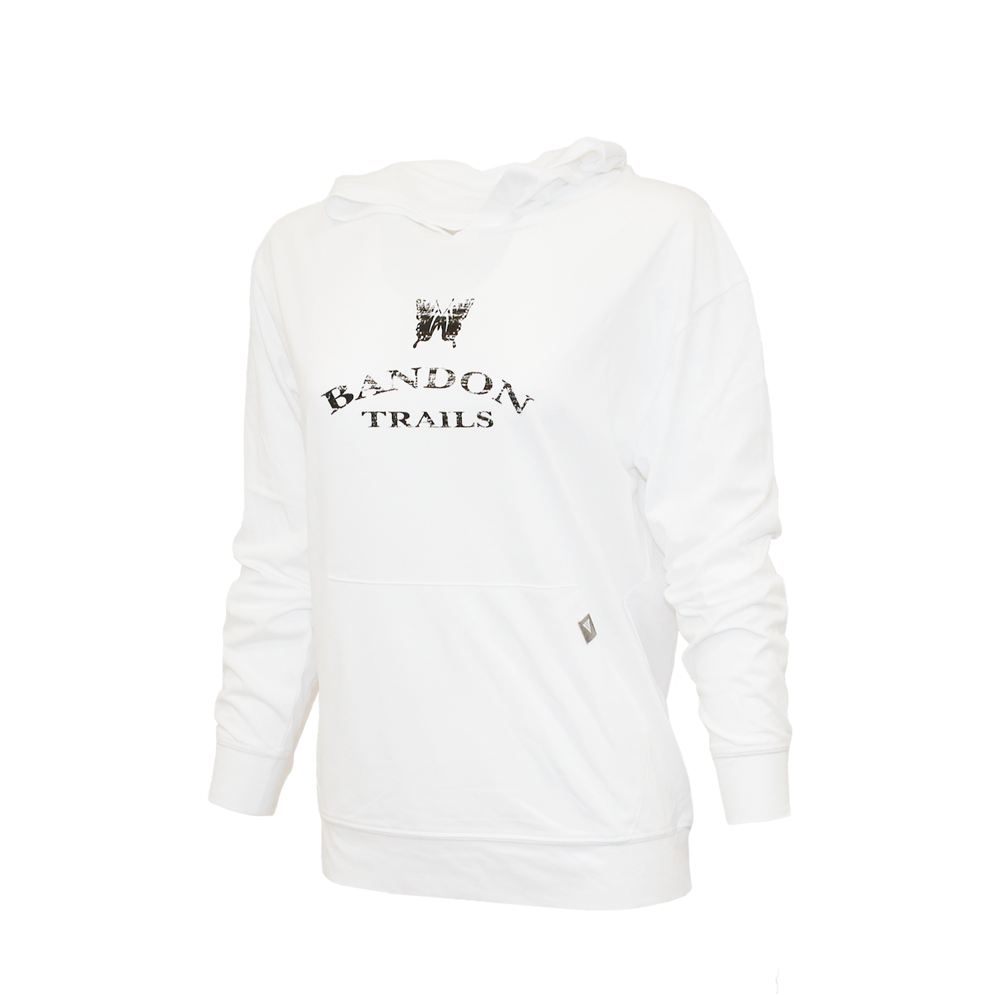 White women's t-shirt hoodie featuring: Bandon Trails logo on the front in black.