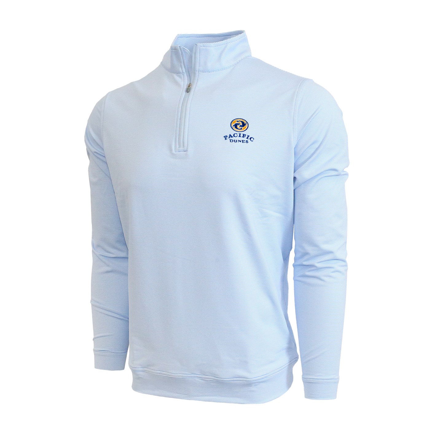 Striped blue and white long sleeve pullover 1/4 Zip. Features the Pacific Dunes logo.