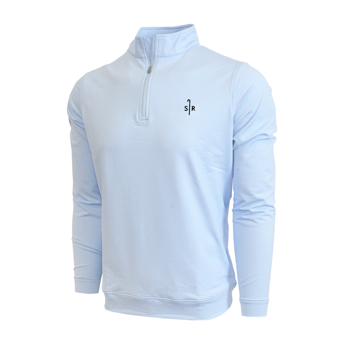 Striped blue and white long sleeve pullover 1/4 Zip. Features the Sheep Ranch logo.