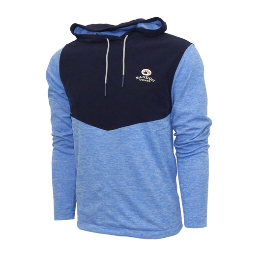 Two tone hoodie embroidered with the Bandon Dunes logo.
