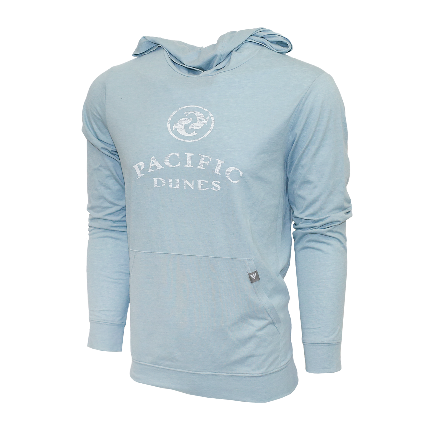 Light blue t-shirt hoodie featuring Pacific Dunes logo. 