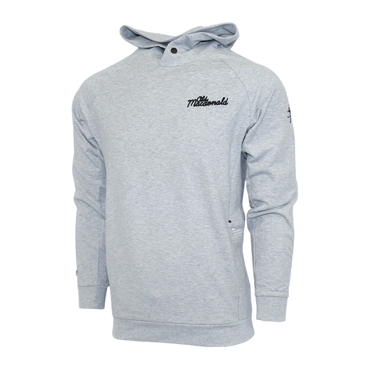 Gray hoodie features: Old Macdonald across the right chest and the Ghost Tree logo on the left sleeve