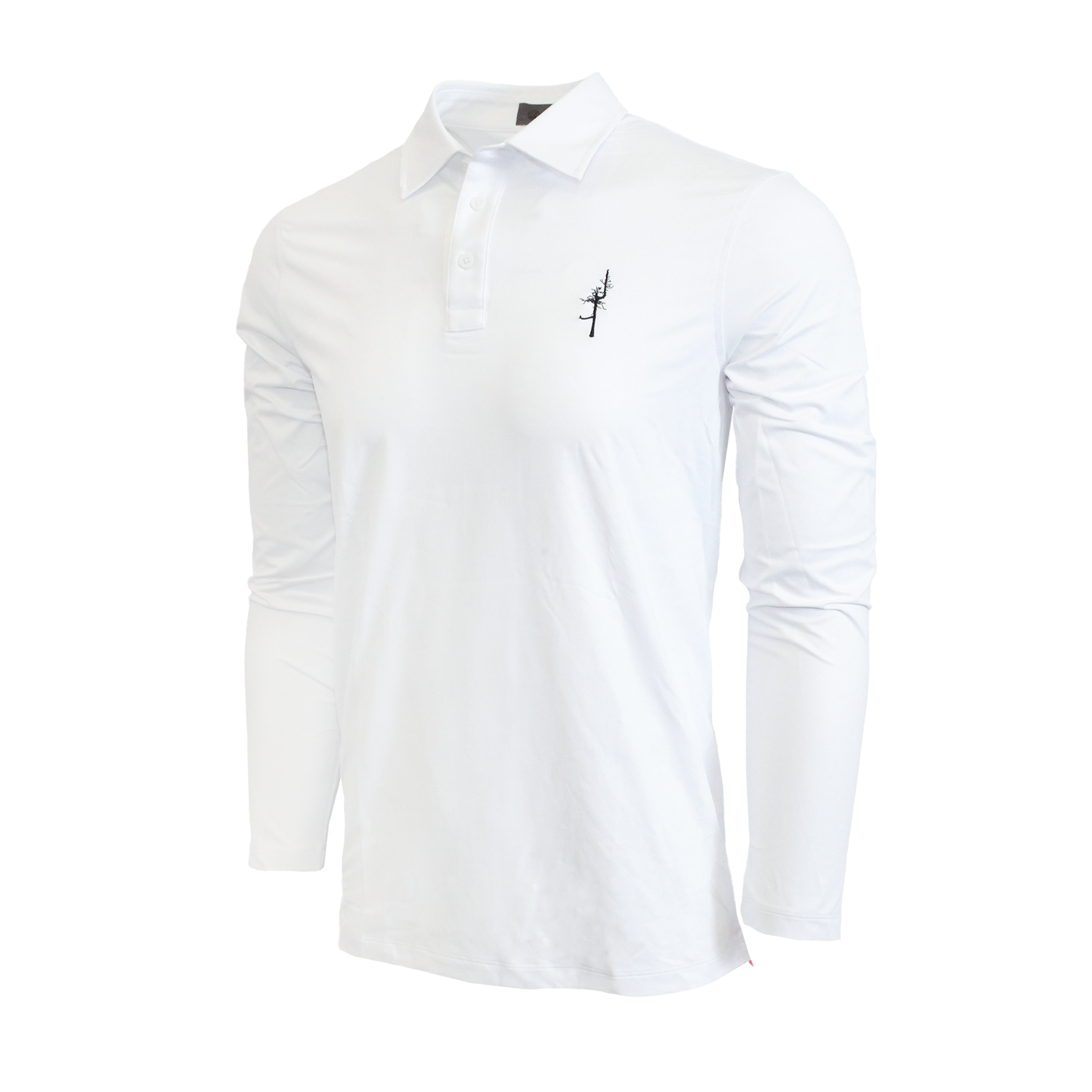 White long sleeve polo with black Ghost Tree embroidered on the left chest.