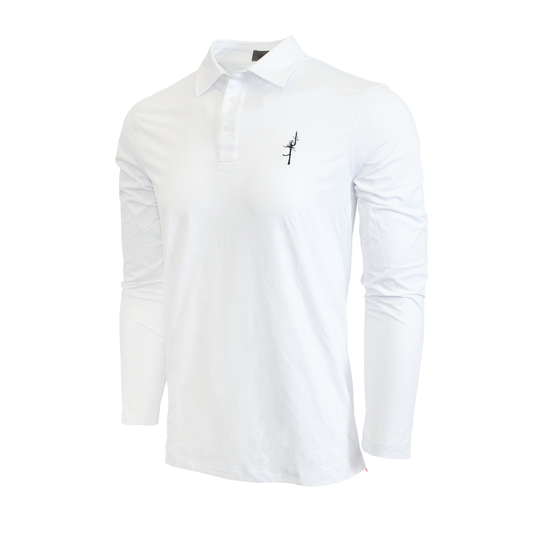 White long sleeve polo with black Ghost Tree embroidered on the left chest.