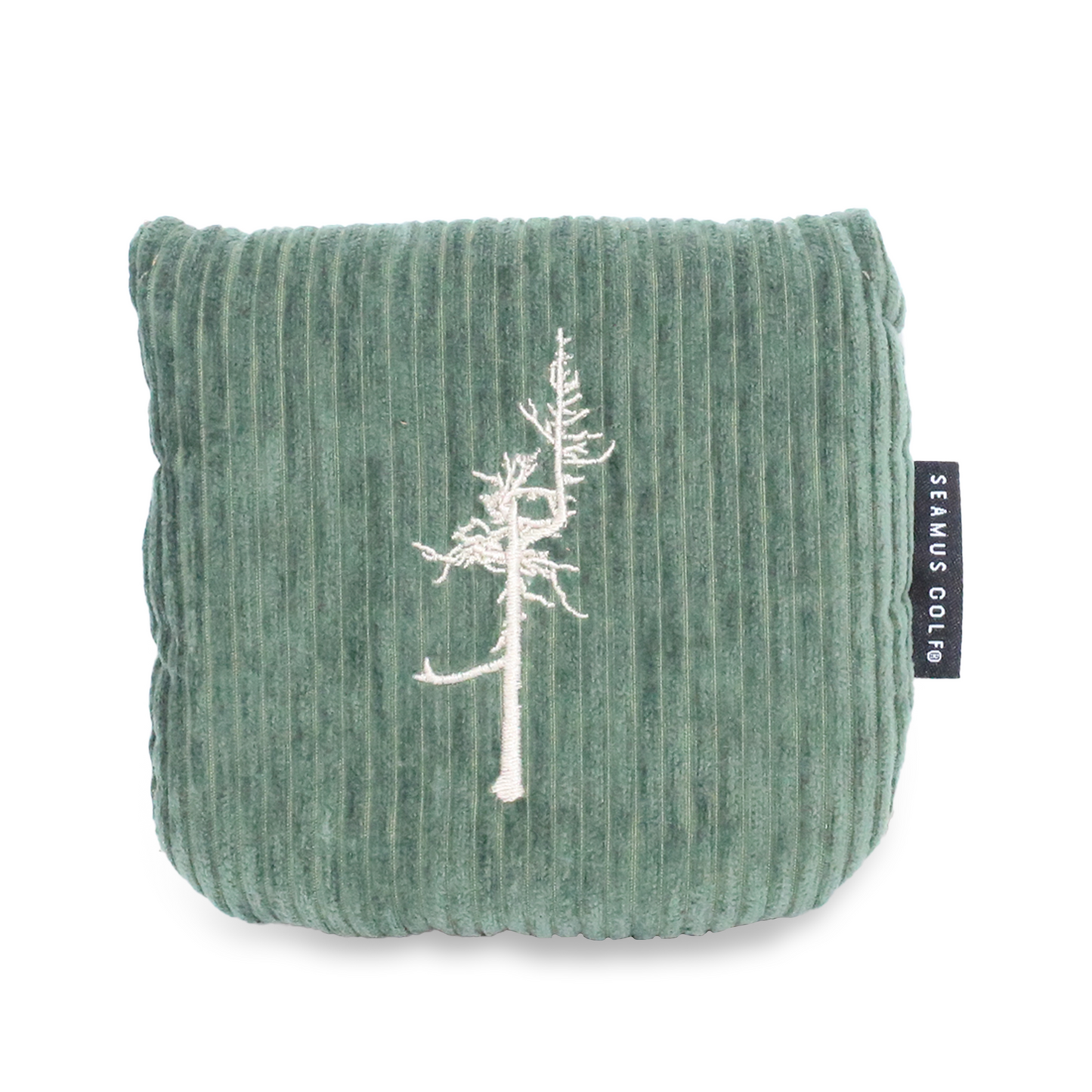 Mallet Cover in green corduroy with a gray fleece lining Ghost Tree logo embroidered in beige. 