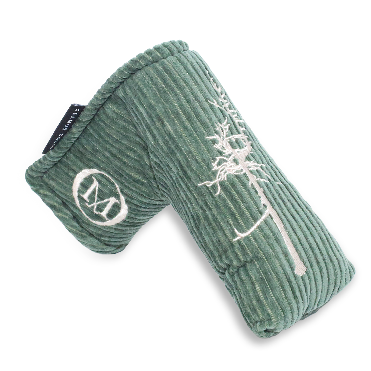 Putter cover in green corduroy with a gray fleece lining Ghost Tree logo and Old Macdonald embroidered in beige. 