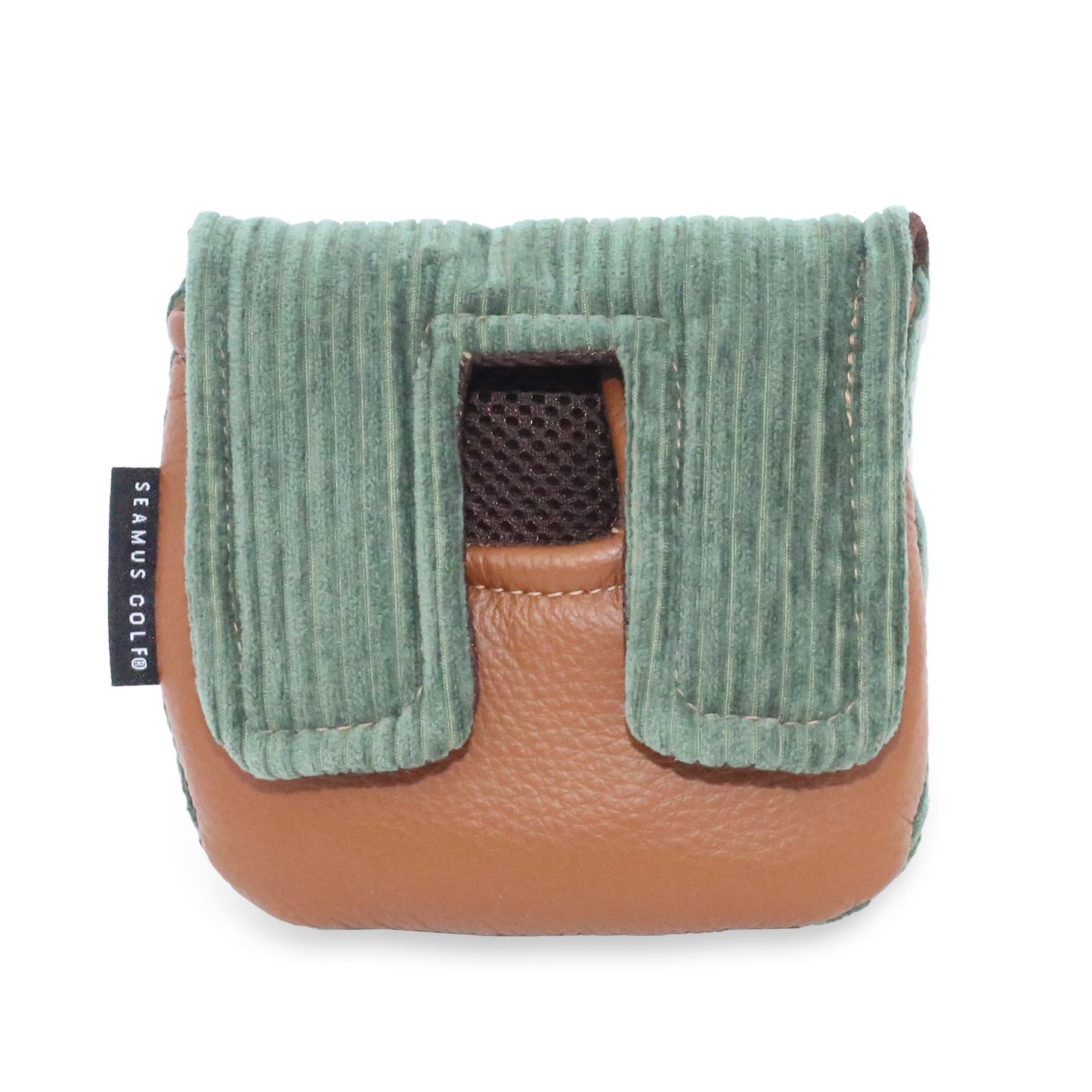 Back of center shaft mallet cover in green corduroy and tan leather.  