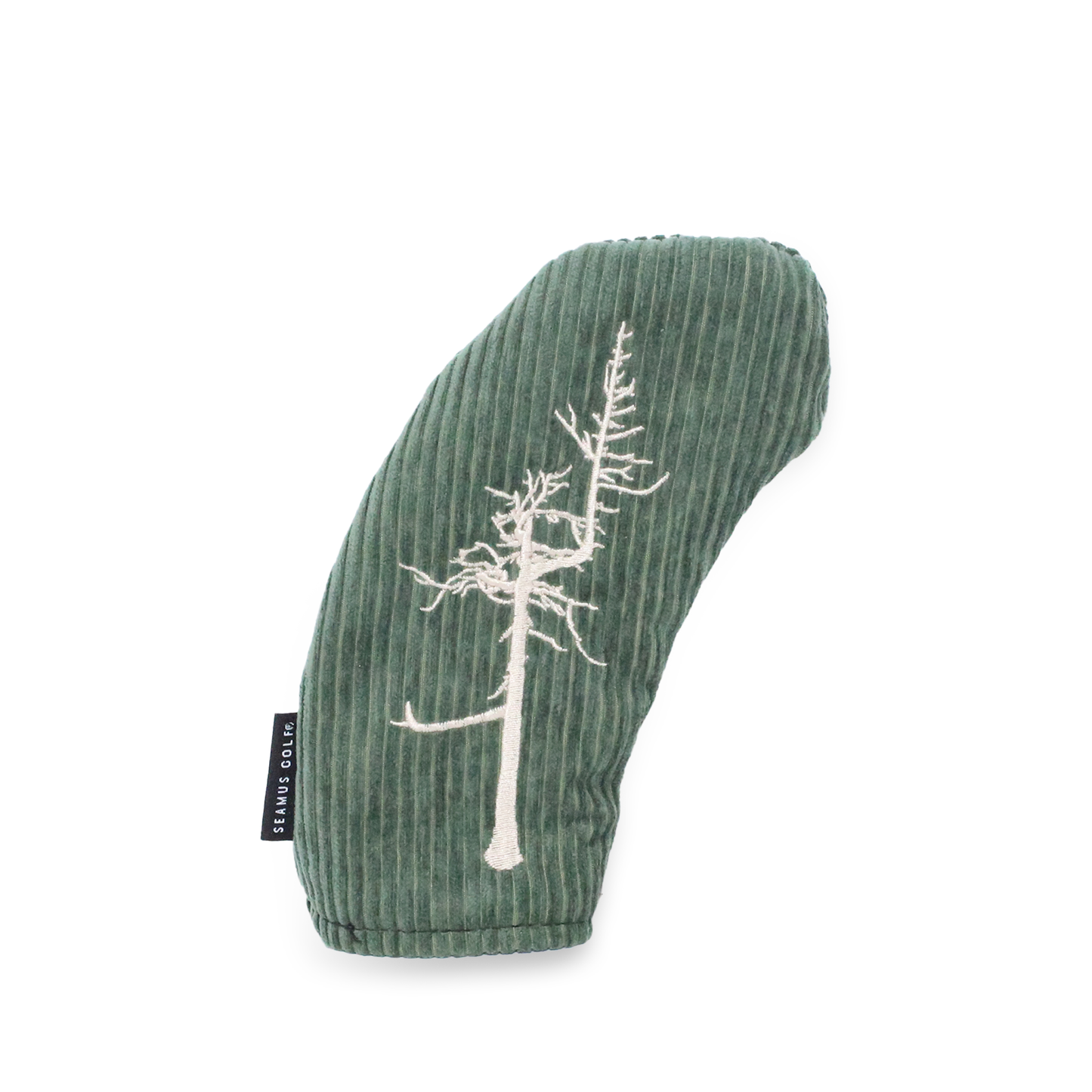 Hybrid headcover in green corduroy with a gray fleece lining Ghost Tree logo embroidered in beige. 