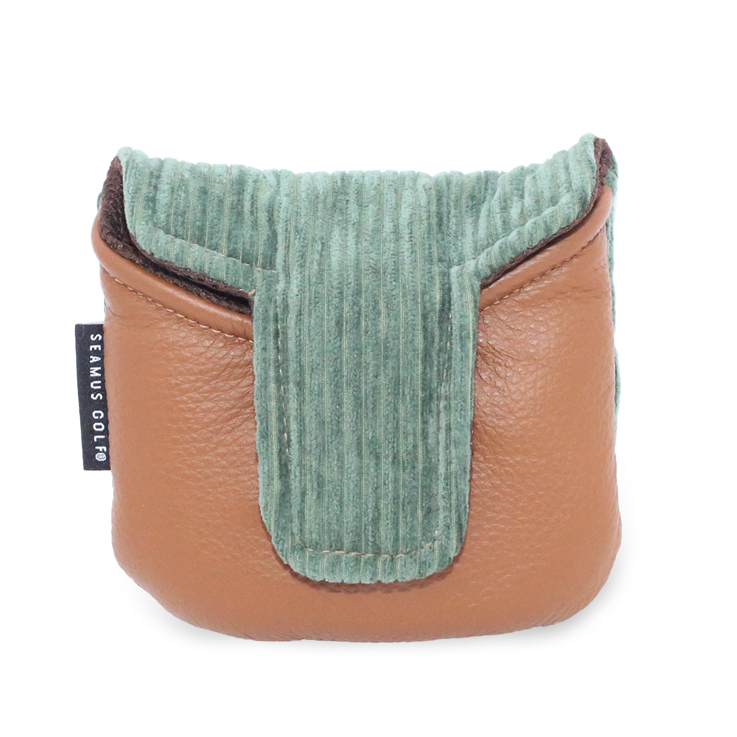 Back of mallet cover in green corduroy and tan leather.