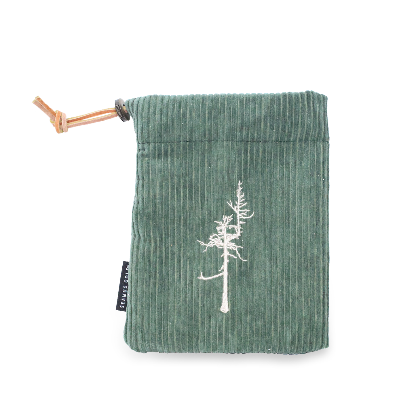 Drawstring pouch in green corduroy with a gray fleece lining Ghost Tree logo embroidered in beige.