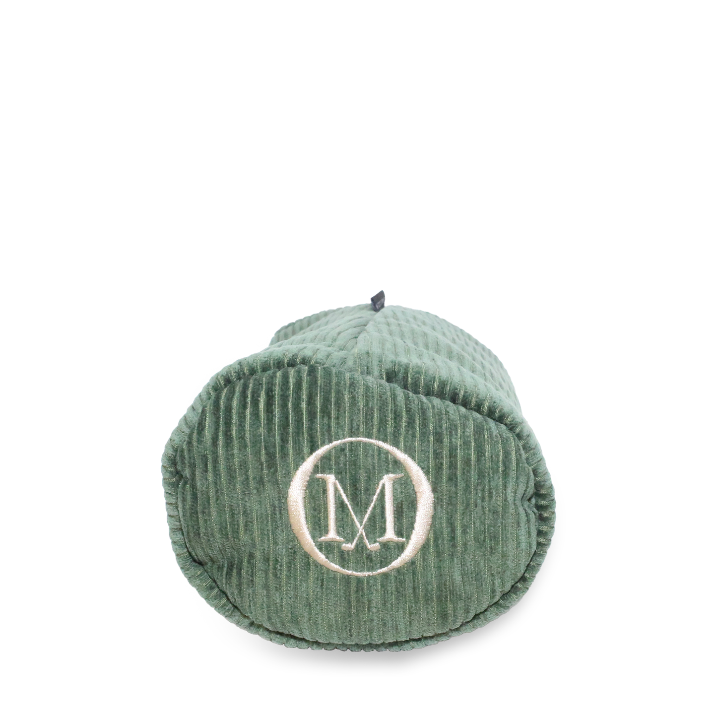 End view of green corduroy with a gray fleece lining Old Macdonald logo embroidered in beige. 