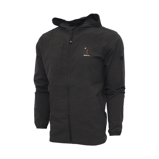 Black lightweight full zip jacket with Shorty's bear logo embroidered on the left chest. 