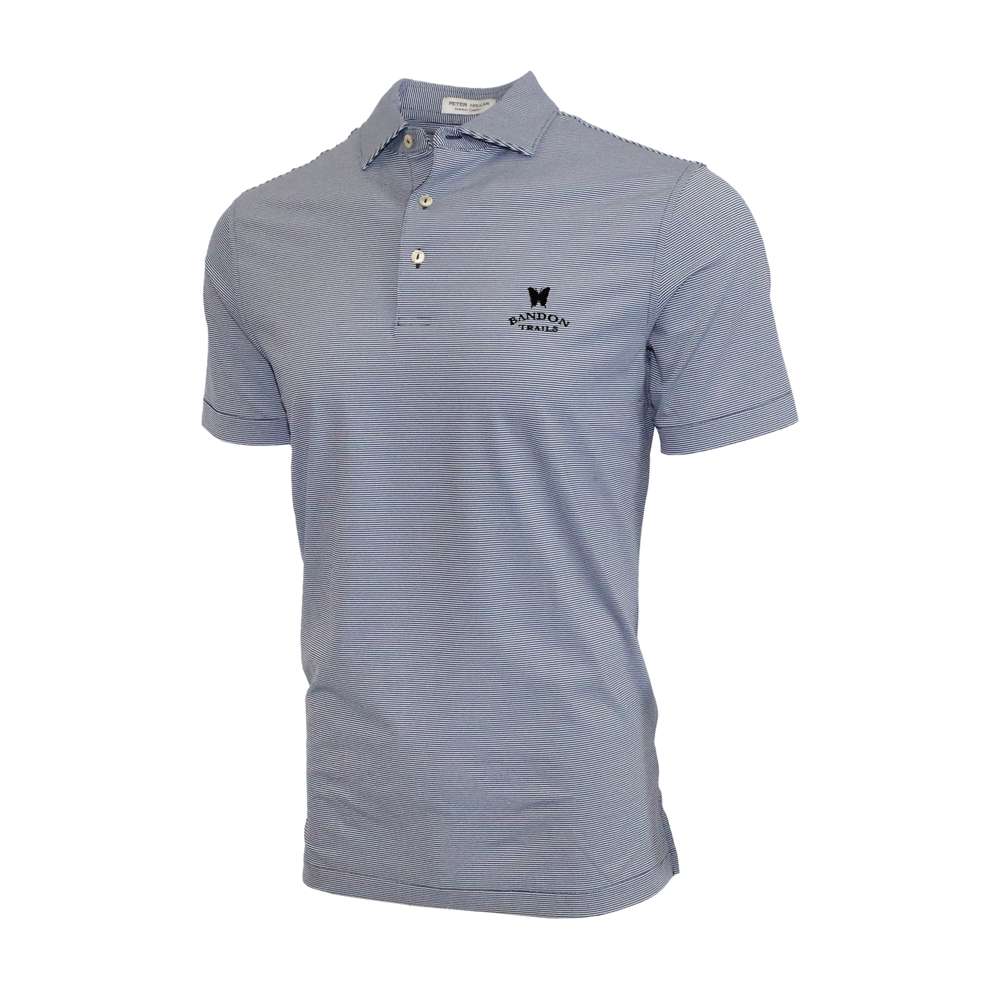 Striped navy and white short sleeve polo with the Bandon Trials logo on the left chest.