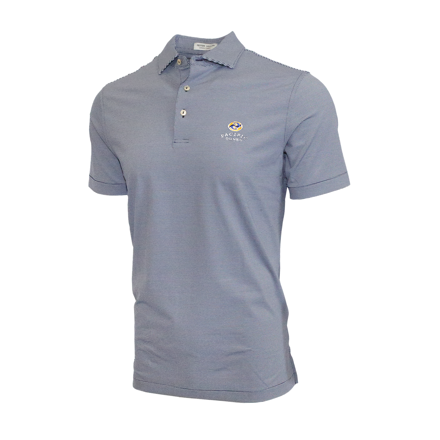 Striped navy and white short sleeve polo with the Pacific Dunes logo on the left chest.