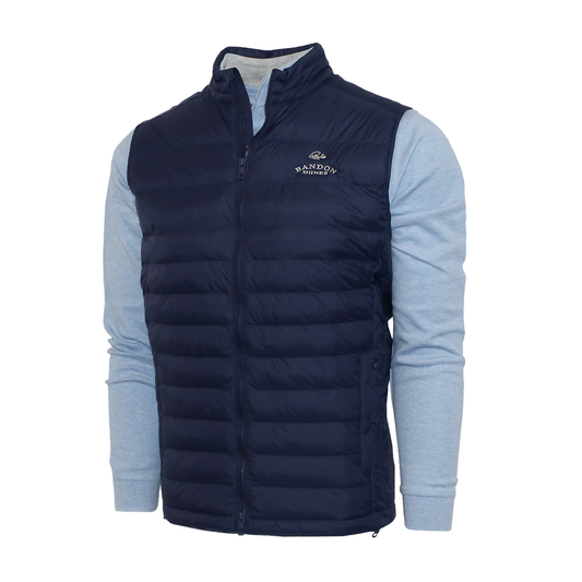 Navy vest with white embroidery Bandon Dunes logo on the left chest.