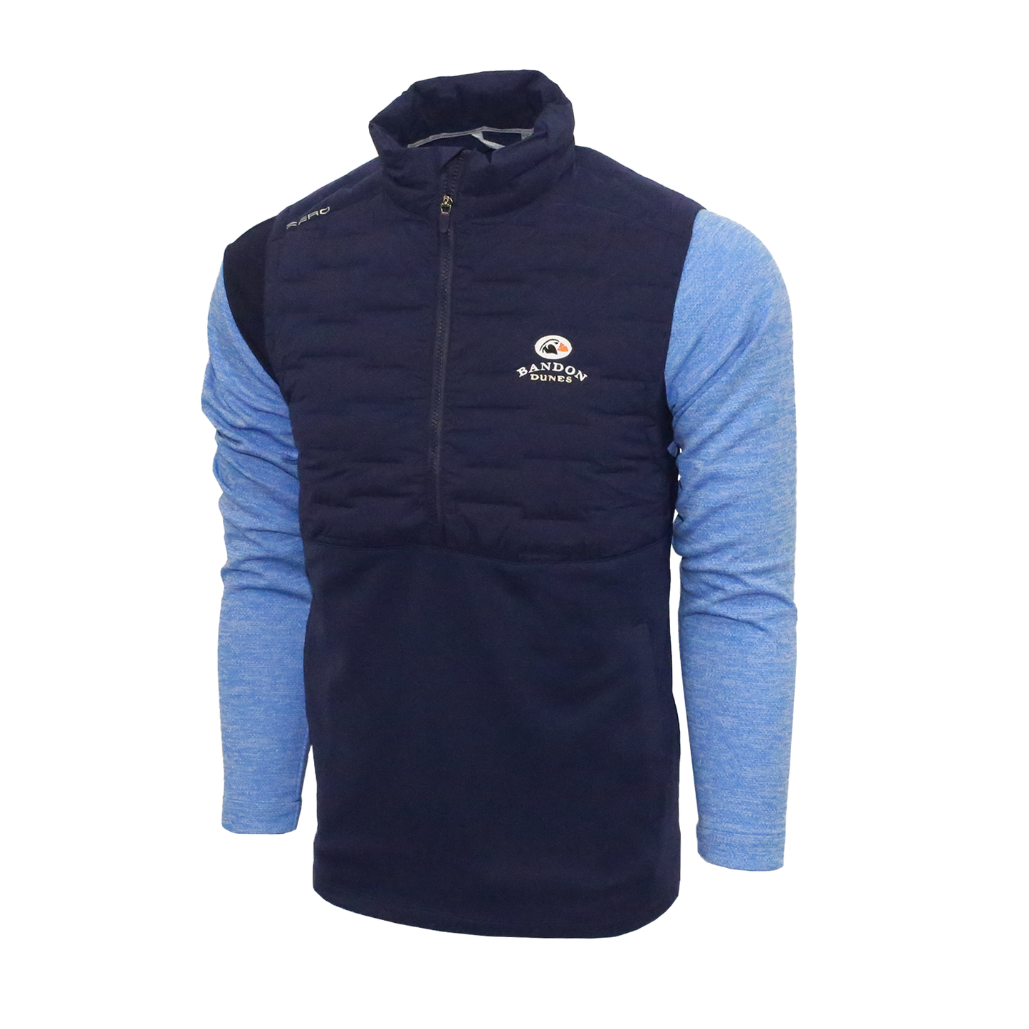 Navy quilted vest pullover embroidered with the Bandon Dunes logo.