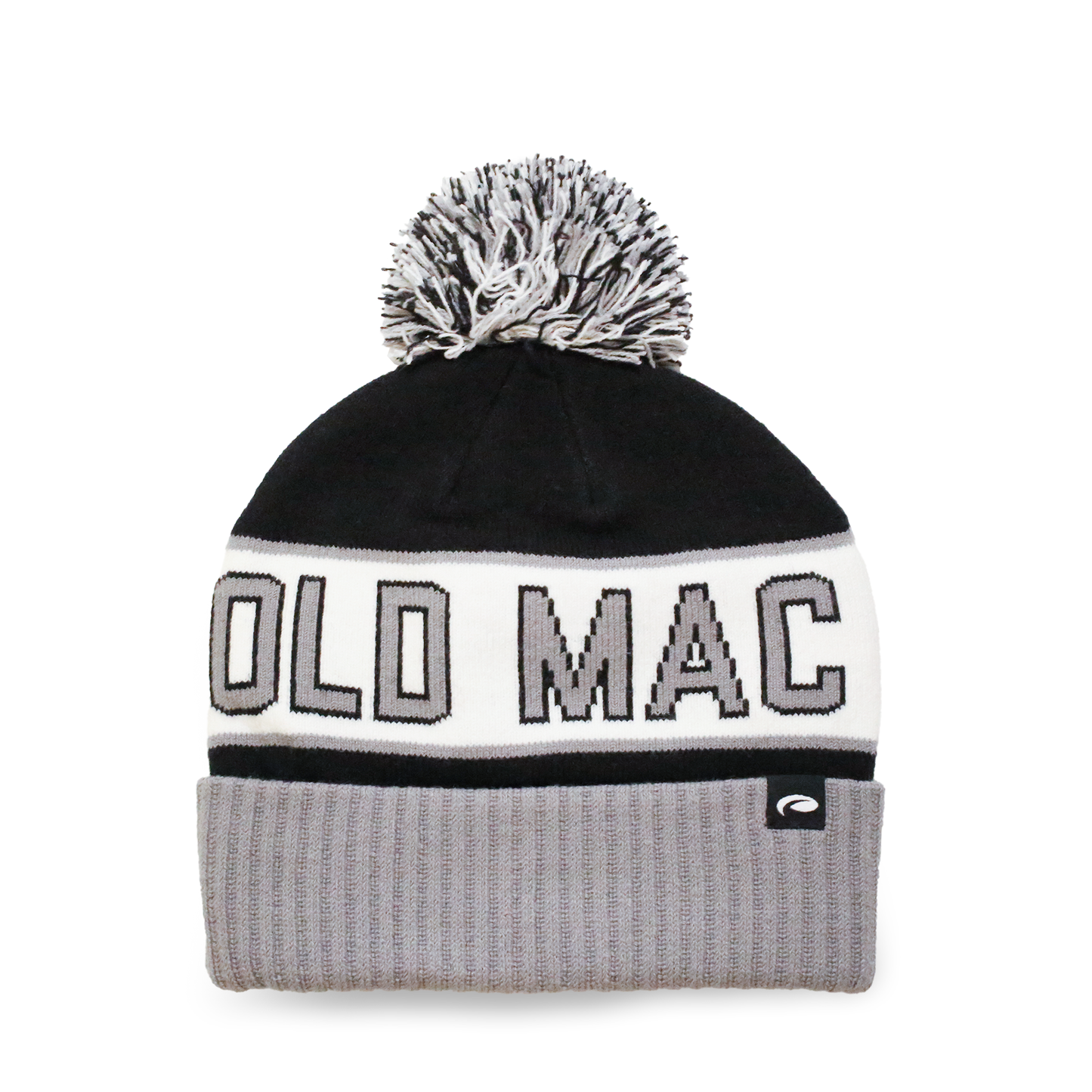Knitted black, gray, and white Old Mac  hat and pom pom. 