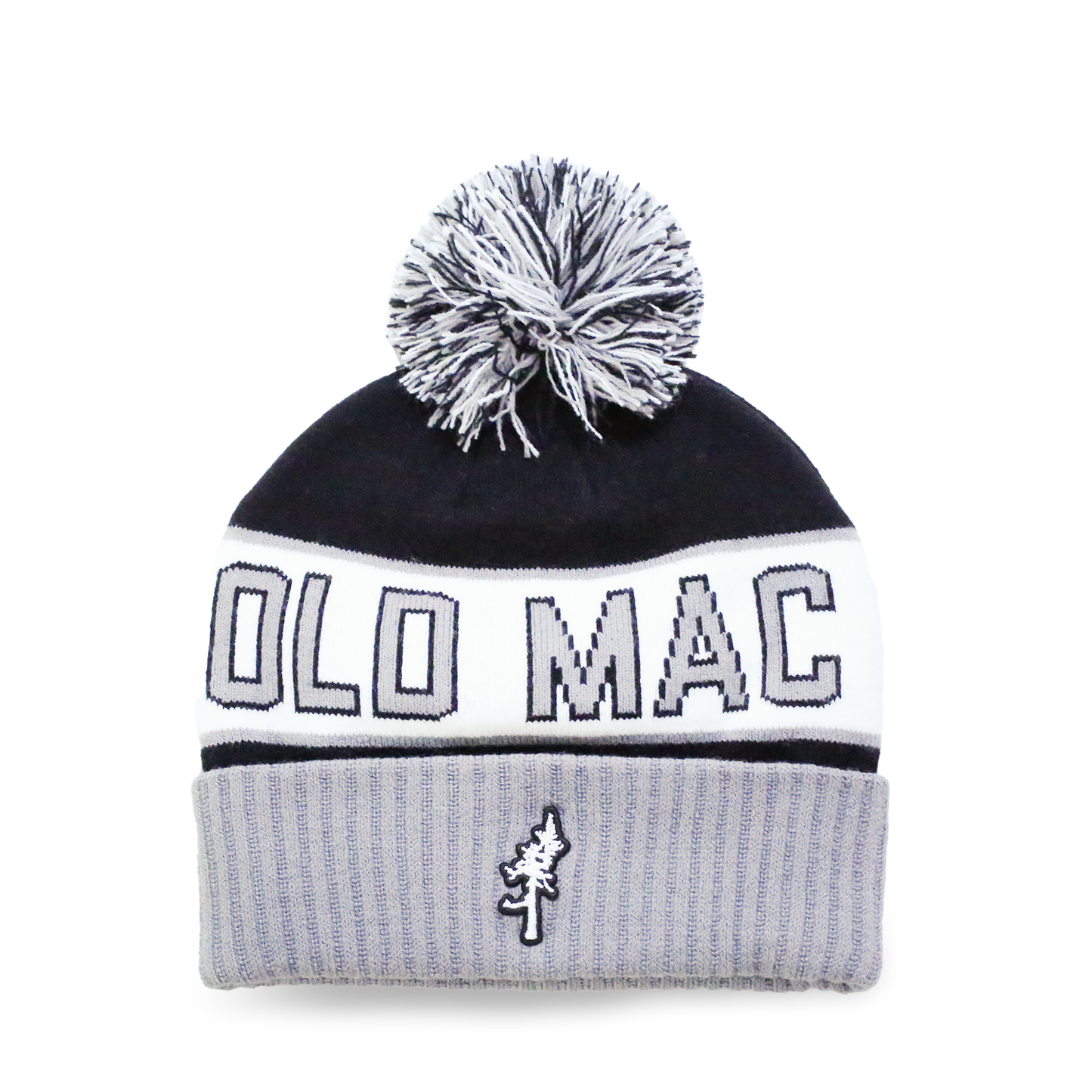 Knitted black, gray, and white Old Mac  hat with Ghost Tree patch and pom pom. 