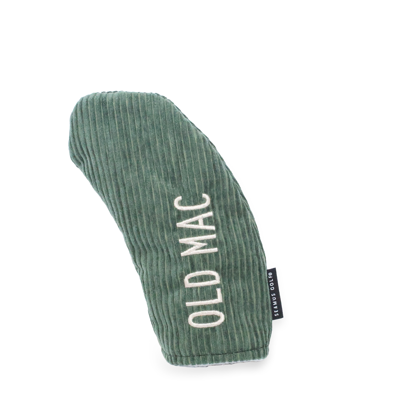 Back if hybrid green corduroy with a gray fleece lining OLD MAC script embroidered in beige. 