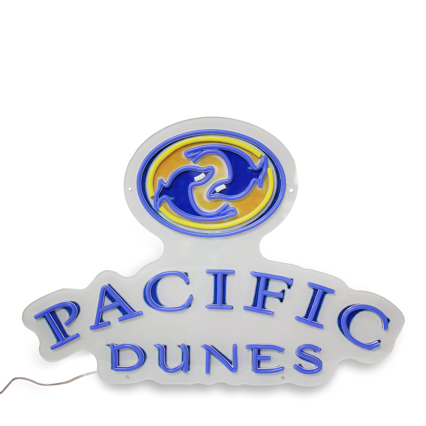 Lights off -Pacific Dunes logo in neon light design made with efficient LED lights.