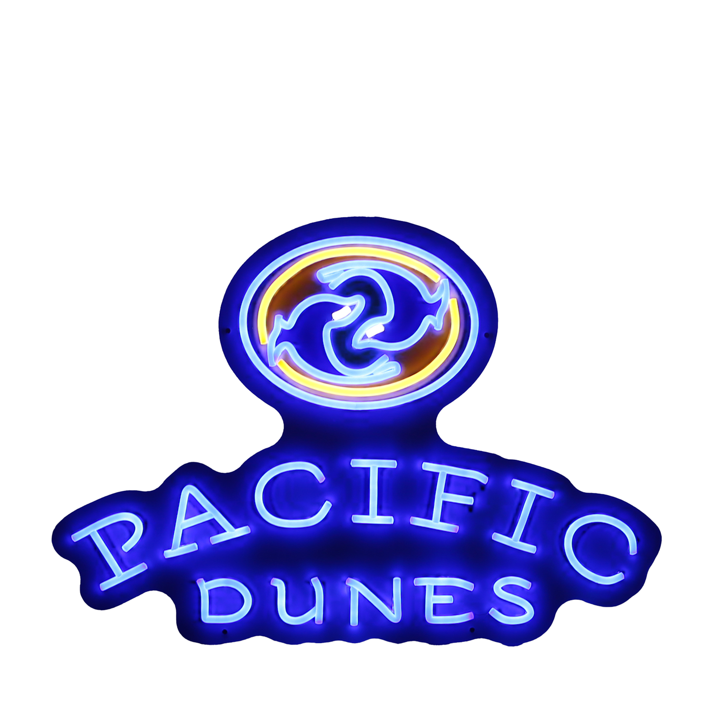 Pacific Dunes logo in neon light design made with efficient LED lights.