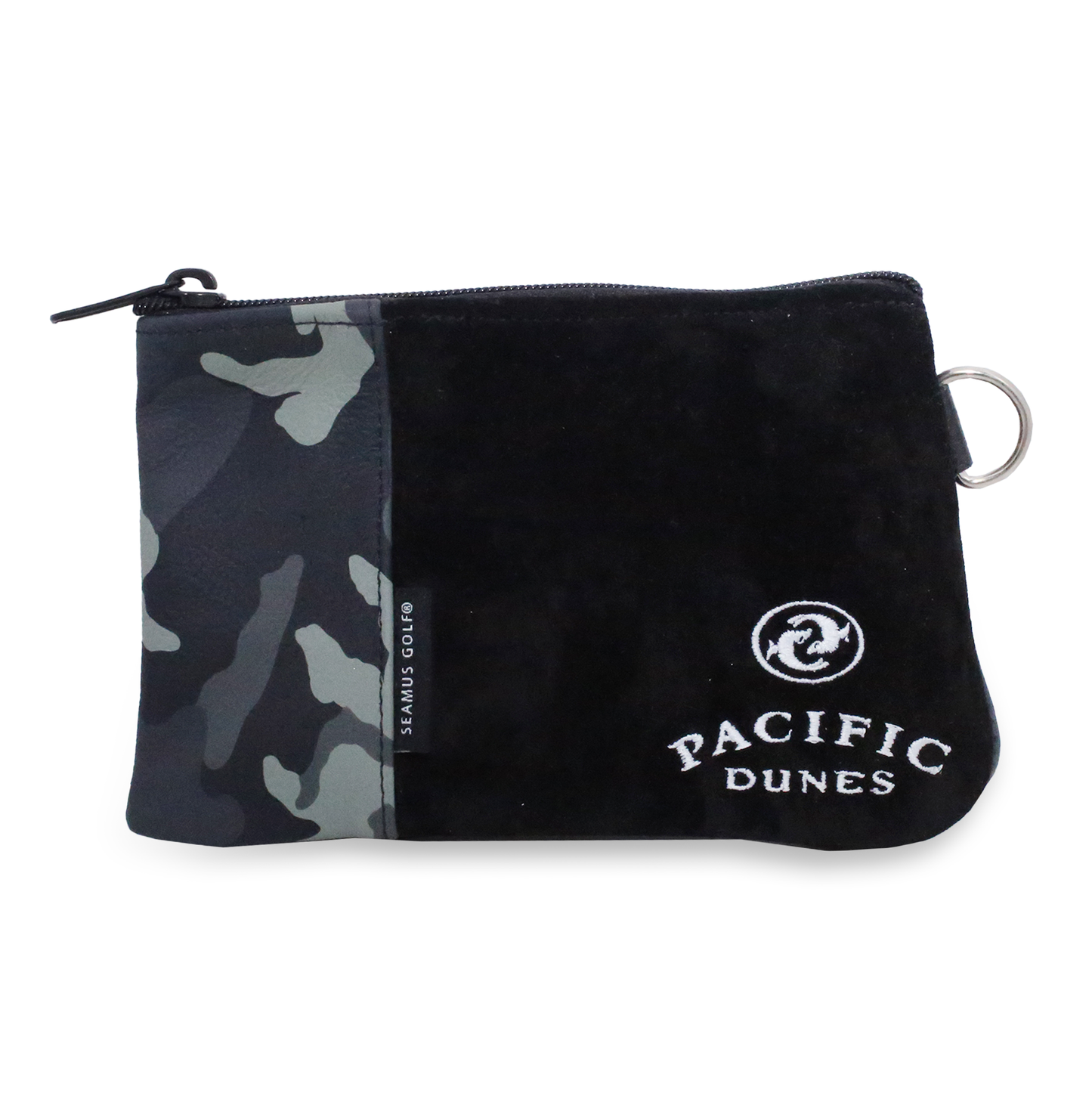 Black and Camo zipper pouch Featuring the Pacific Dunes harbor seals logo.