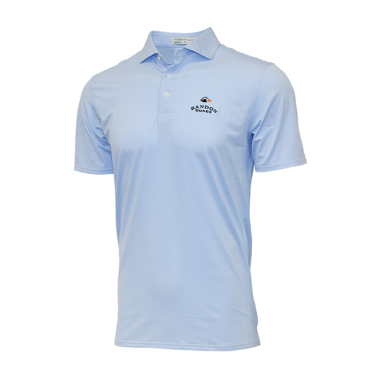 Micro striped blue polo with embroidered Bandon Dunes logo on left chest. 
