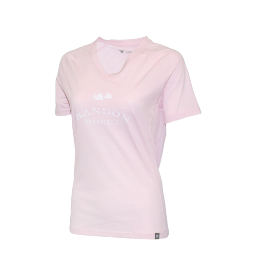 Soft pink fitted women's V-neck t-shirt featuring the  Bandon Dunes logo on the front.