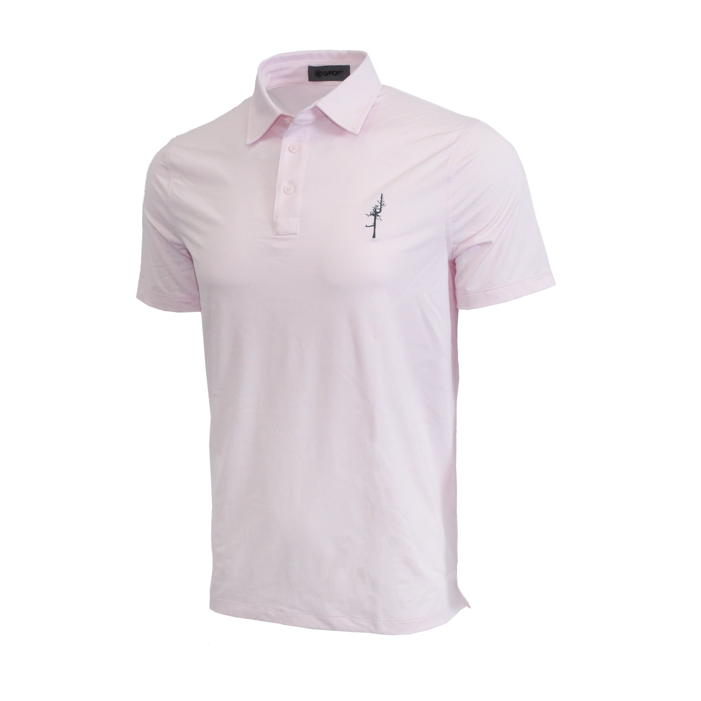 Pink short sleeve polo with a dark gray Ghost Tree on the left chest.