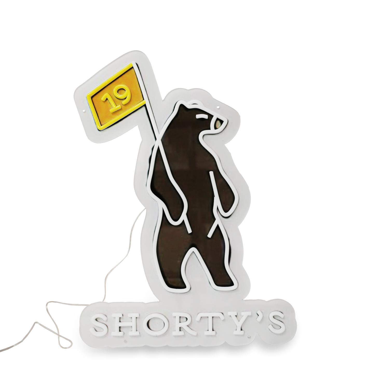 Light's off - Shorty's logo in neon light design made with efficient LED lights.