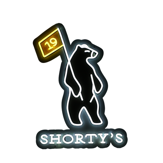 Shorty's logo in neon light design made with efficient LED lights.
