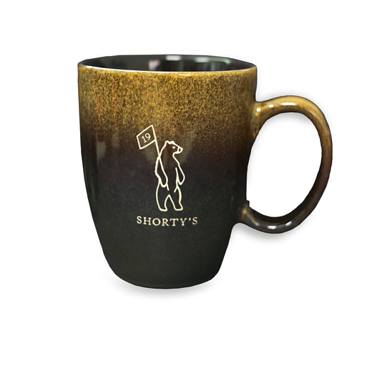 High-quality two tone ceramic mug engraved with Shorty's logo.