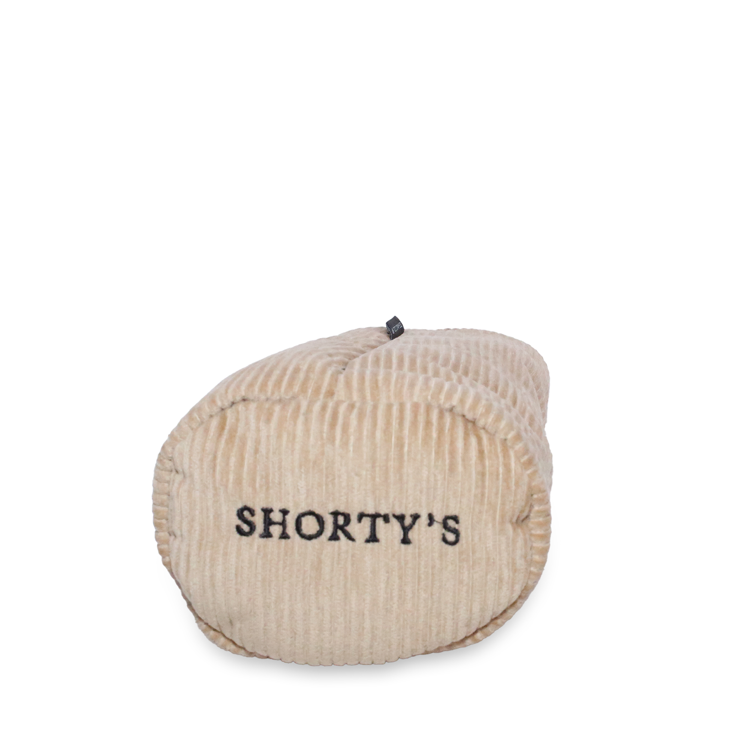 End of headcovers made of a beige corduroy with a dark brown fleece lining. Featuring Shorty's script.
