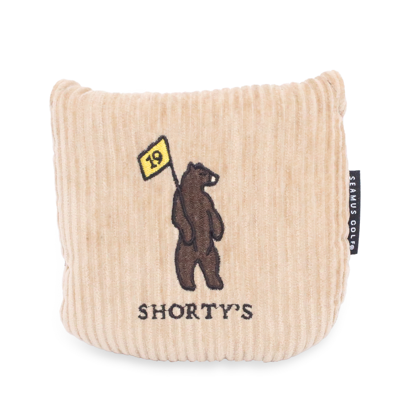 Mallet headcover made of a beige corduroy with a dark brown fleece lining. Featuring Shorty's bear logo
