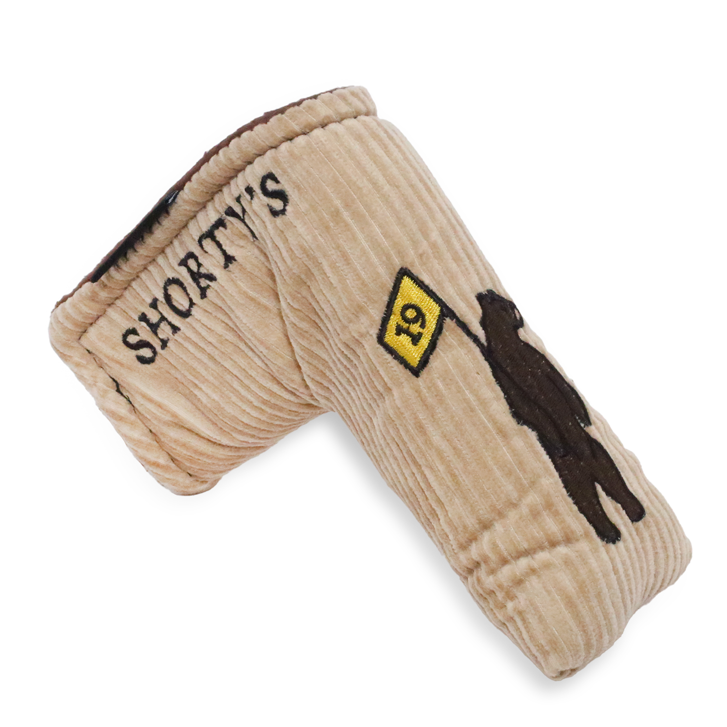 Putter headcover made of a beige corduroy with a dark brown fleece lining. Featuring Shorty's bear logo and Shorty's script.
