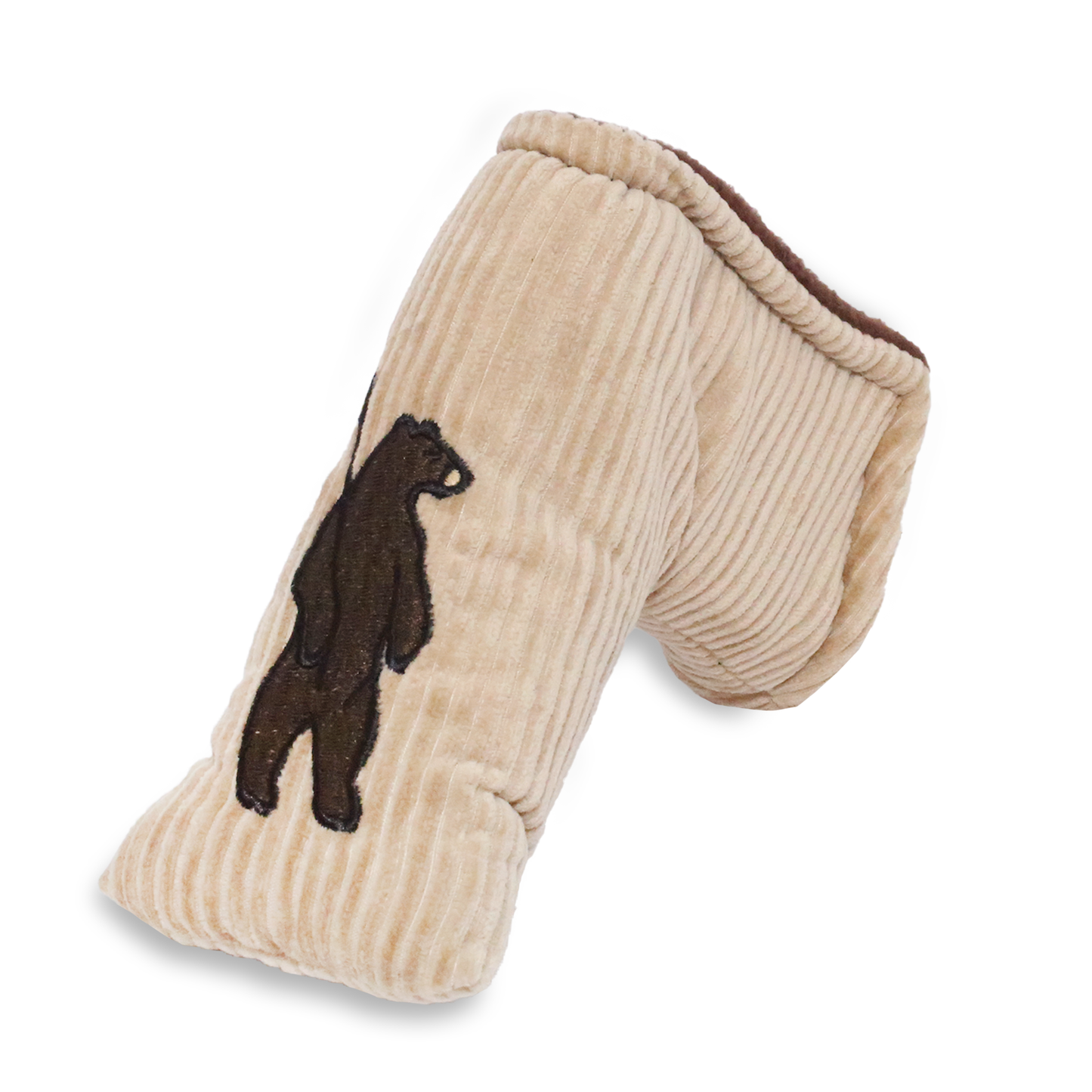 Putter headcover made of a beige corduroy with a dark brown fleece lining. Featuring Shorty's bear logo