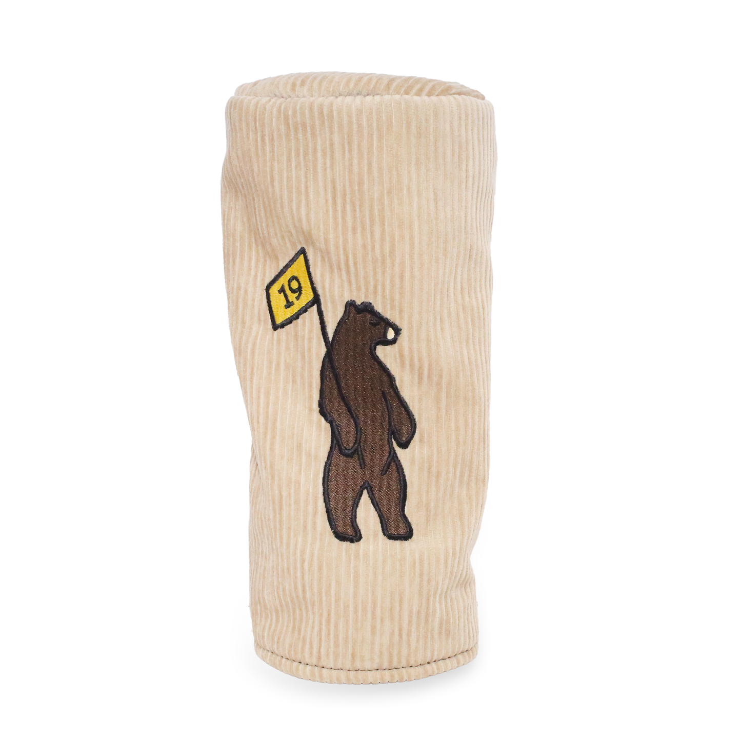 Driver headcover made of a beige corduroy with a dark brown fleece lining. Featuring Shorty's bear logo
