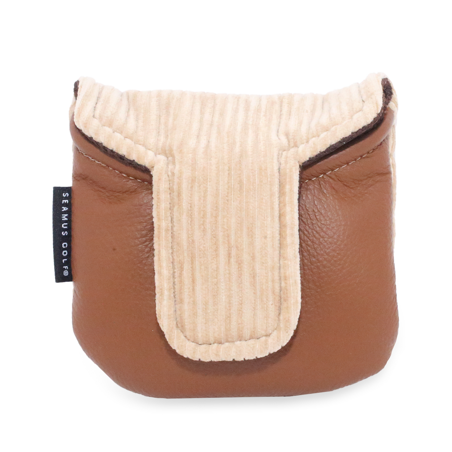 Back of Mallet headcover made of a beige corduroy with tan leather.