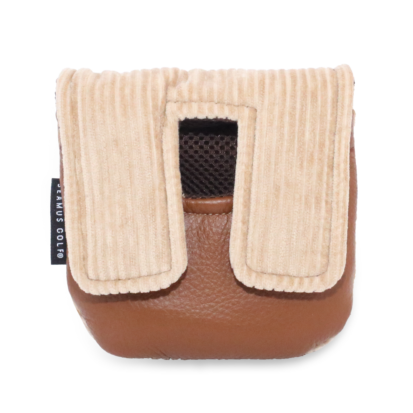 Back of center shafted headcover made of a beige corduroy with tan leather.