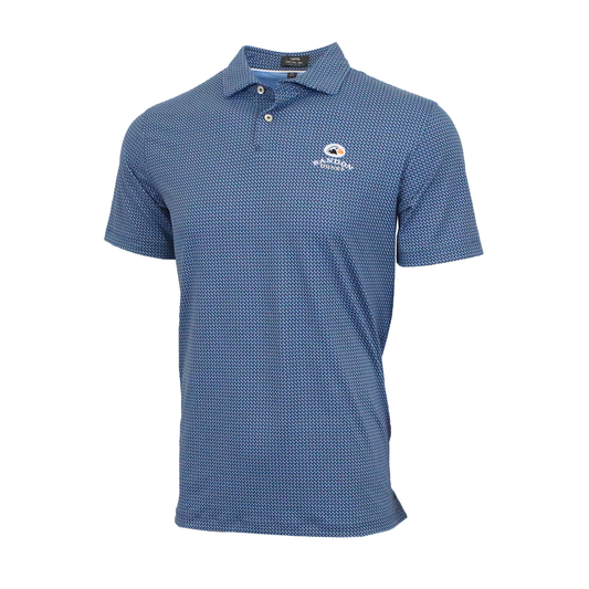 A blue short-sleeve polo shirt with a fine micro-pattern, featuring a white embroidered logo on the left chest that reads Bandon Dunes.