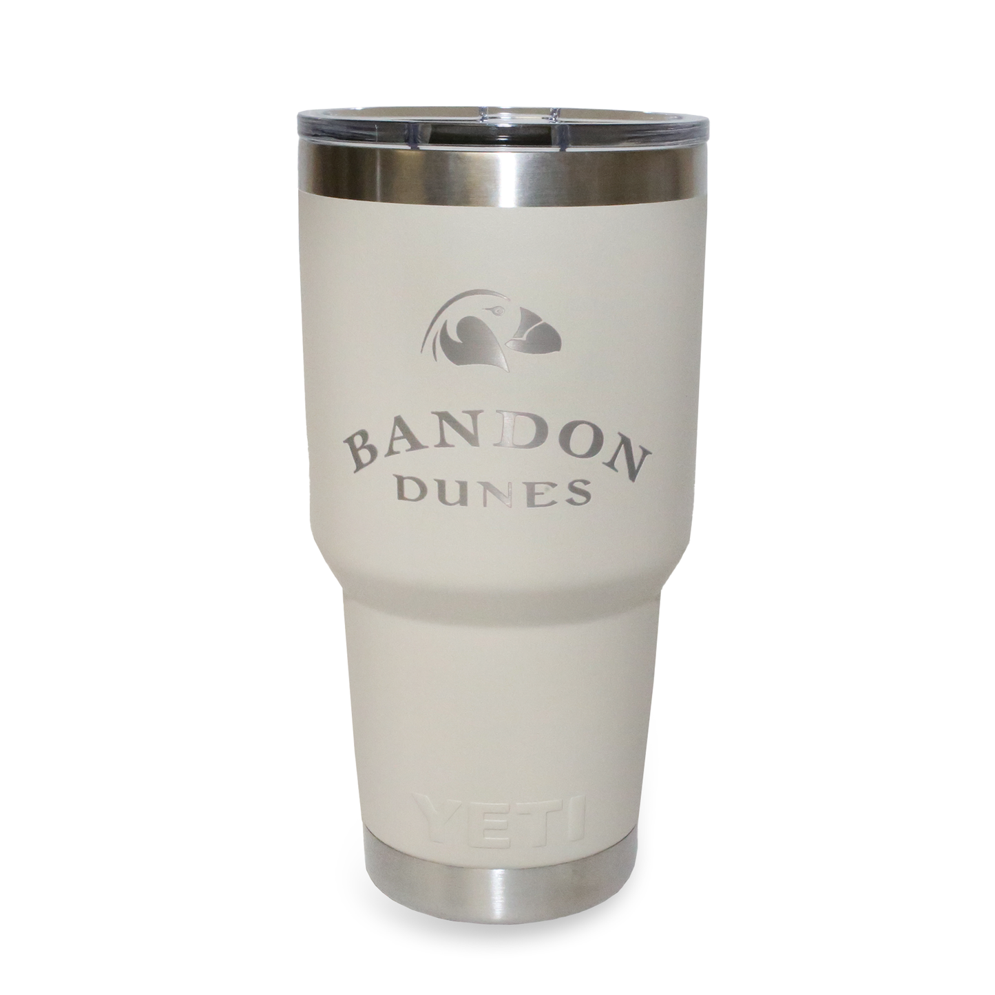 Tan 30 oz. tumbler stainless steel with double-wall vacuum insulation. Features the Bandon Dunes logo on the front.
