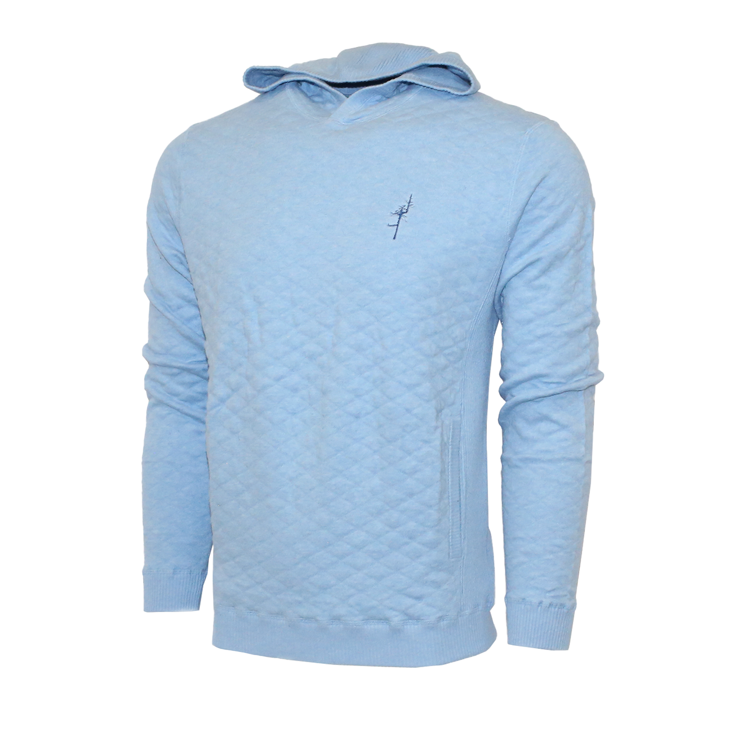 Light Blue jacquard-knit crewneck sweater hoodie. Ghost Tree logo embroidered in blue on left chest. 