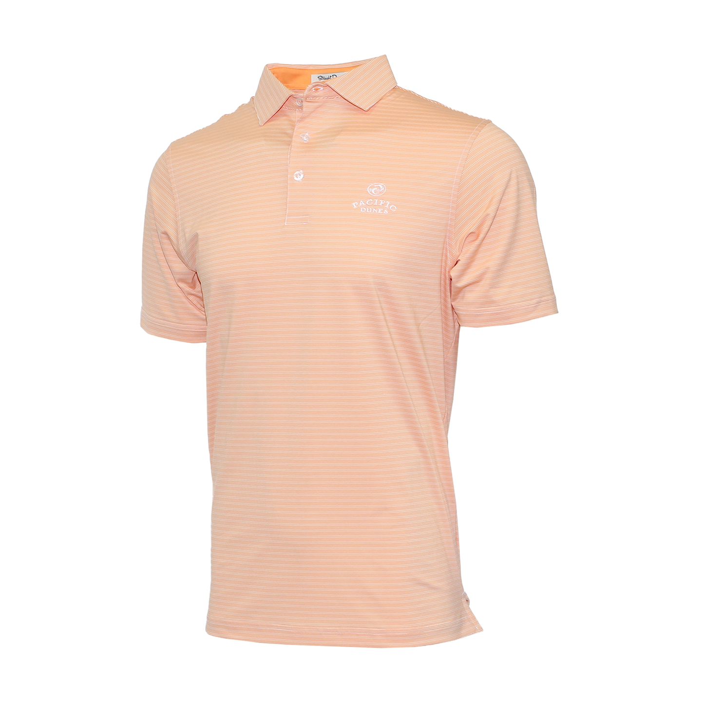 Striped light orange polo with embroidered Bandon Dunes logo on left chest. 
