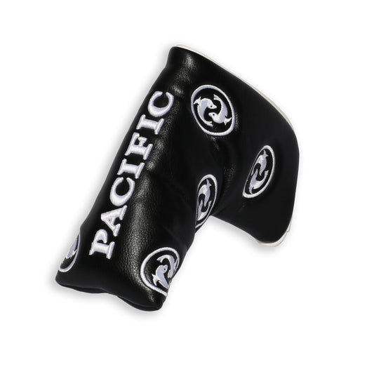 Black with white embroidered putter cover shows lettering and side logos. Features the Pacific Dunes harbor seals logo.