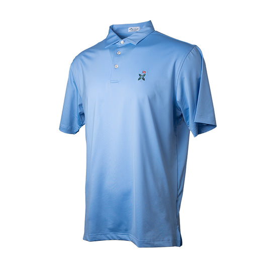 Solid light blue polo has a three button placket. Features the Bandon Preserve logo on the left chest.