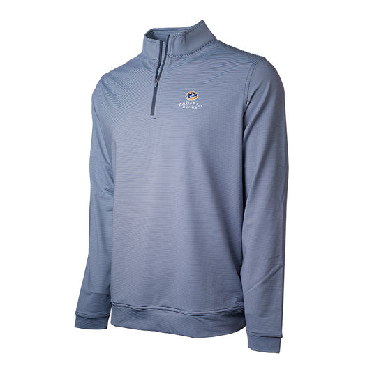 Dark gray and white striped, long sleeve, pullover with a 1/4 zipper. Features the Pacific Dunes logo.