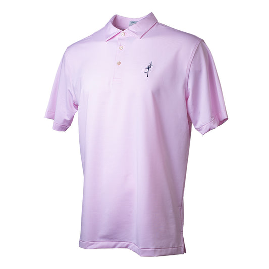 Striped Pink and white short sleeve polo with the Ghost Tree logo on the left chest.